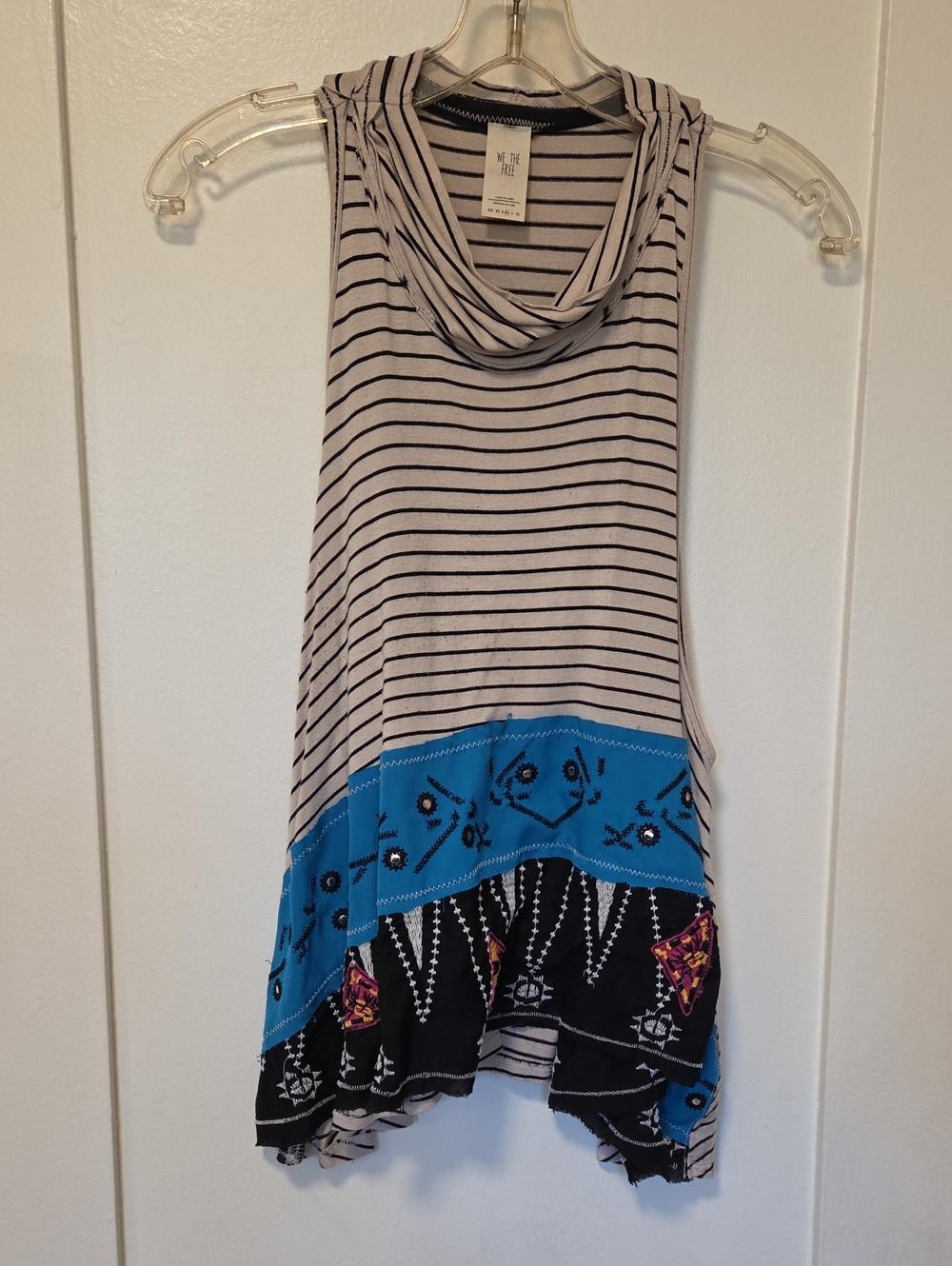 We The Free Cream Striped Cowl Tank with Blue & Black Hem